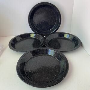 Black White Speckled Enamel Graniteware 10” Pie Lunch Plates Camping Vintage 4